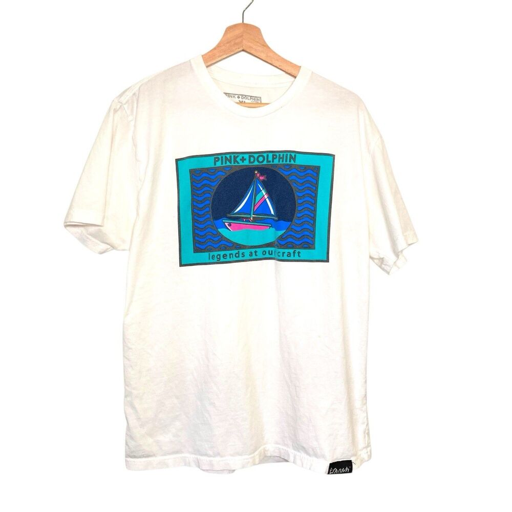 Pink Dolphin VTG T-Shirt Men’s XL White Crew Neck Sailboat Wave Graphic Vintage